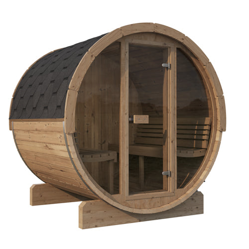 SaunaLife Model E8G 6-Person Glass Front Barrel Sauna | ERGO Series 87"x81"