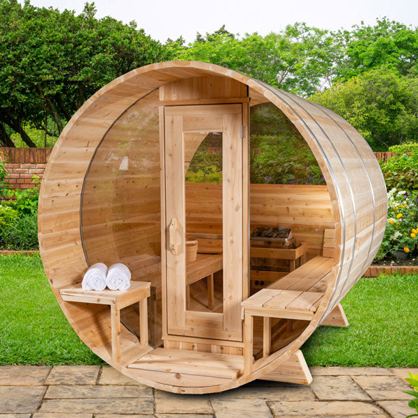 Leisurecraft Serenity MP Barrel Sauna With Halfmoon Windows| Premium 5-Person Outdoor Sauna