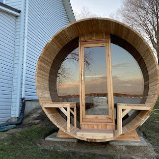 Leisurecraft Tranquility MP Barrel Sauna With Halfmoon Windows| Premium 6-Person Outdoor Sauna