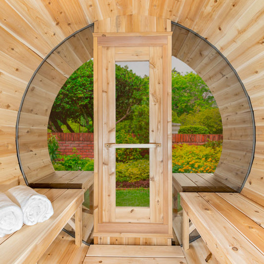 Leisurecraft Serenity MP Barrel Sauna With Halfmoon Windows| Premium 5-Person Outdoor Sauna