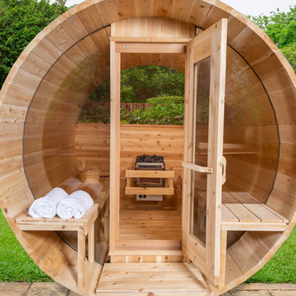 Leisurecraft Tranquility MP Barrel Sauna With Halfmoon Windows| Premium 6-Person Outdoor Sauna