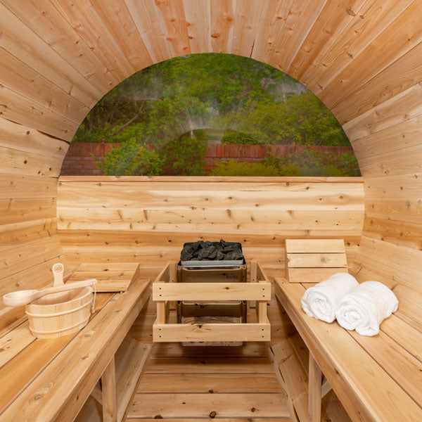 Leisurecraft Tranquility MP Barrel Sauna With Halfmoon Windows| Premium 6-Person Outdoor Sauna