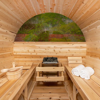 Leisurecraft Serenity MP Barrel Sauna With Halfmoon Windows| Premium 5-Person Outdoor Sauna