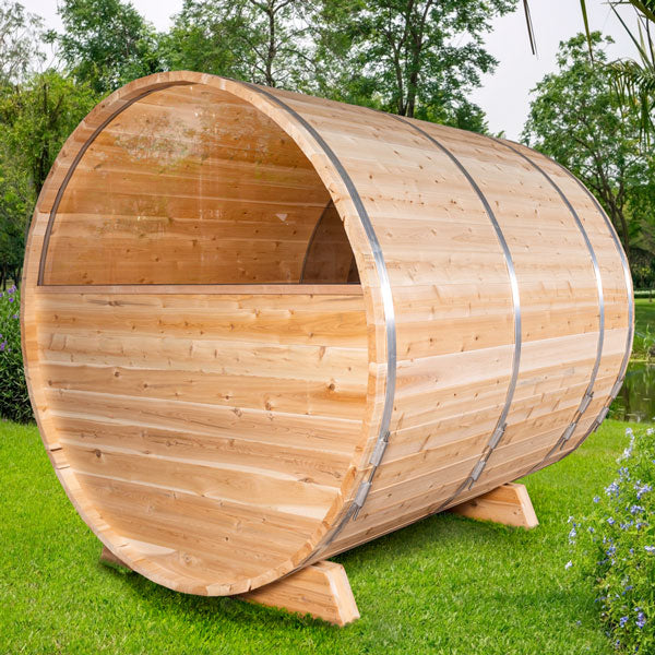 Leisurecraft Serenity MP Barrel Sauna With Halfmoon Windows| Premium 5-Person Outdoor Sauna