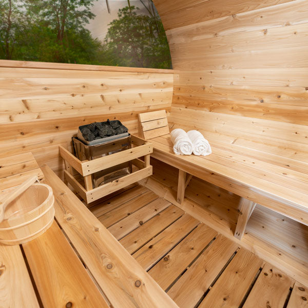 Leisurecraft Serenity MP Barrel Sauna With Halfmoon Windows| Premium 5-Person Outdoor Sauna